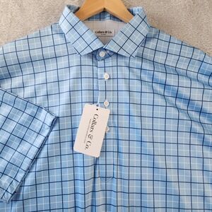Collars & Co Polo Shirt Mens Size 2XL Pienza Blue Windowpane Plaid Semi Spread